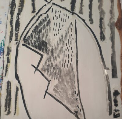 Beginning of new abstract. I collaged rice paper with ink marks and used craft glue for raised texture